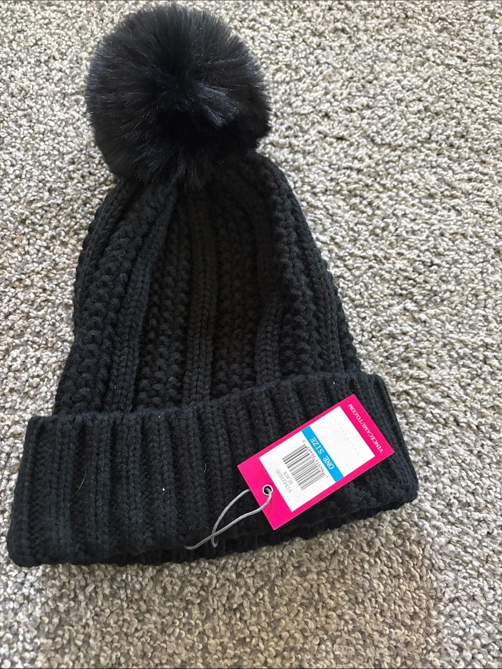 Black Pom Knit Beanie Cozy Winter Hat